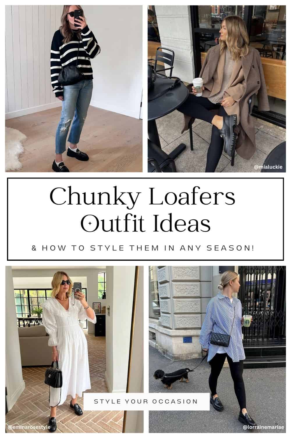 collage of four women wearing stylish outfits with black chunky loafers
