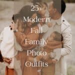 image of a black family wearing cream and rust colors having a fall photoshoot with text overlay "25+ modern fall family photo outfits"