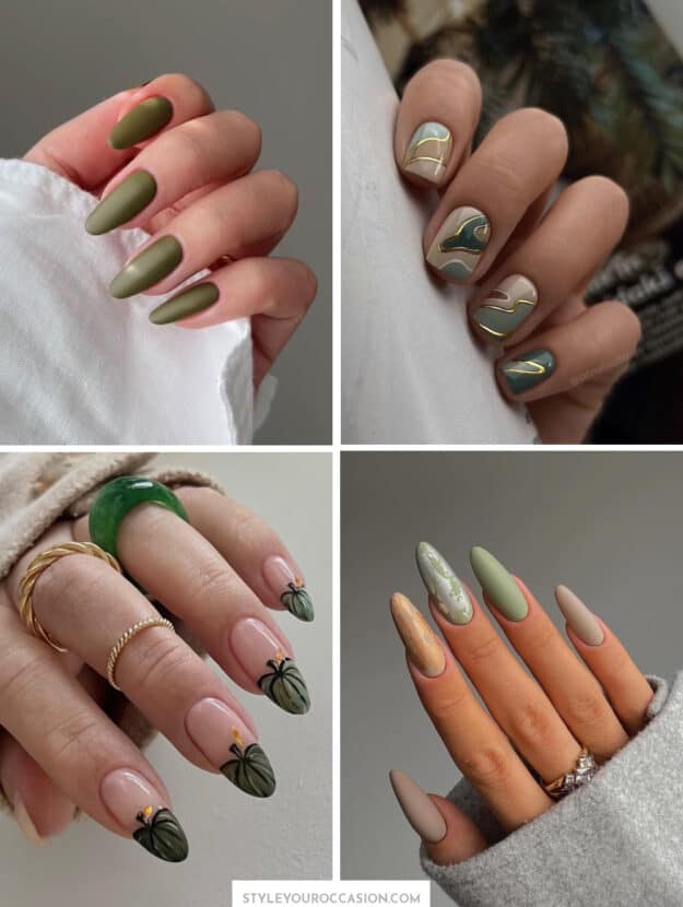 collage of four hands with green fall nails and nail designs