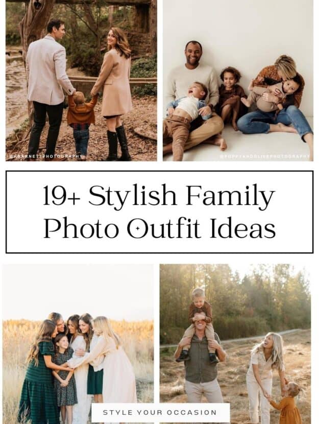 collage of four family photoshoots with different outfit ideas