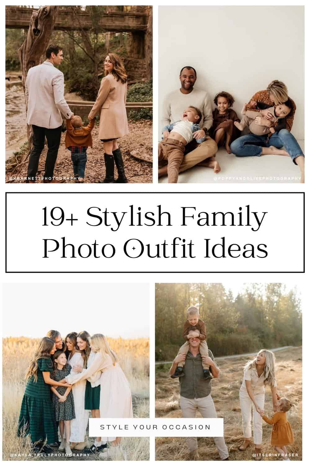 collage of four family photoshoots with different outfit ideas