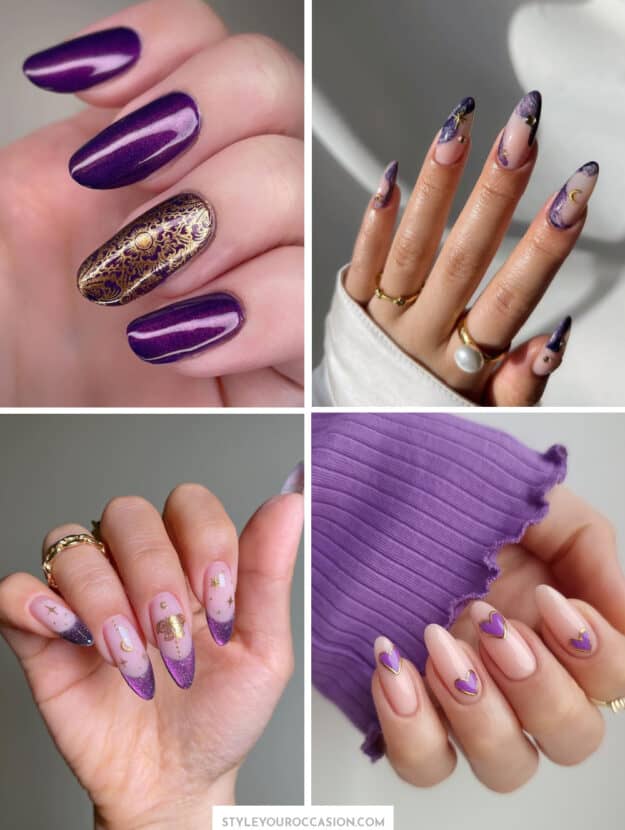 collage of four hands with purple and gold nail designs
