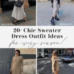 collage of four women wearing stylish sweater dress outfits with different shoes