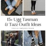 collage of four outfits with women wearing Ugg Tasman slippers