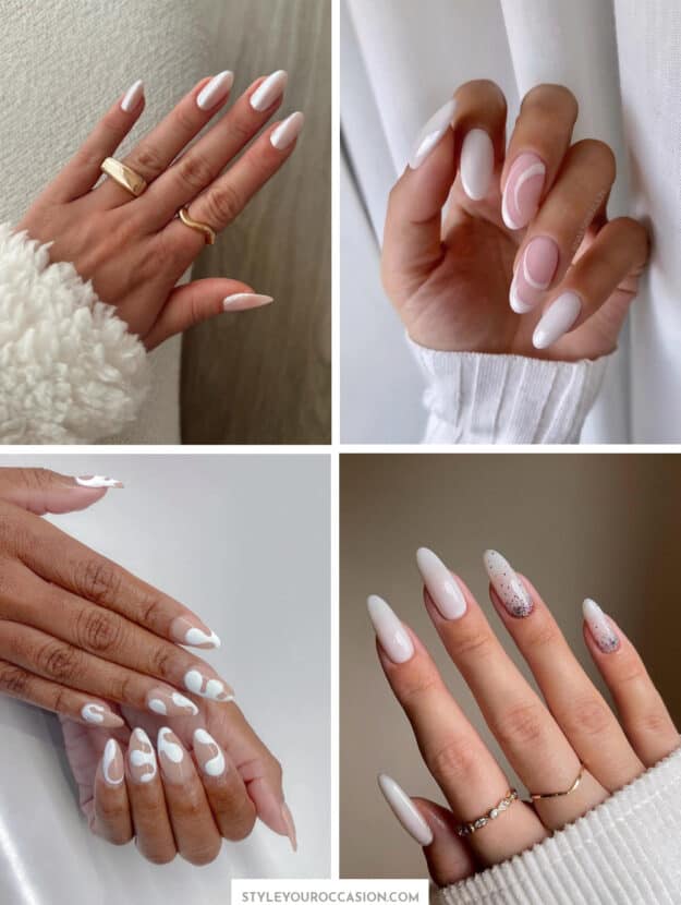 collage of hands with white almond nail designs