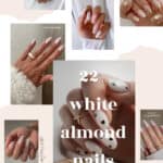 collage of hands with white almond nail art and nail designs