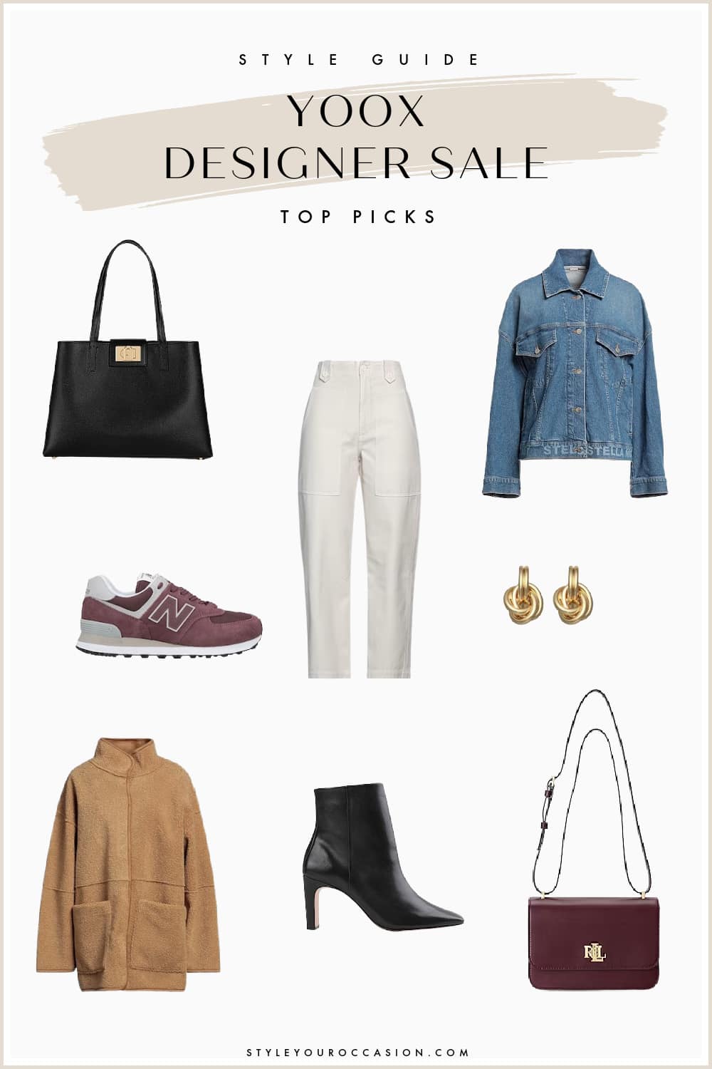 collage of items from the Yoox designer sale including two bags, sneakers, black boots, a brown jacket, denim jacket, and white utility trousers