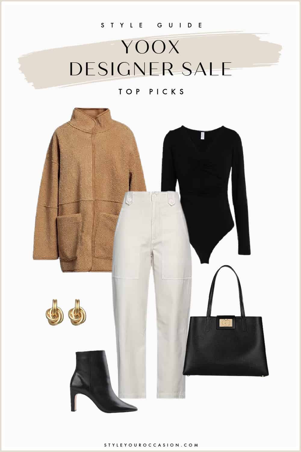 image of an outfit collage with a brown faux shearling jacket, black bodysuit, off-white utility trousers, black heeled leather ankle boots, gold earrings, and a black leather tote bag