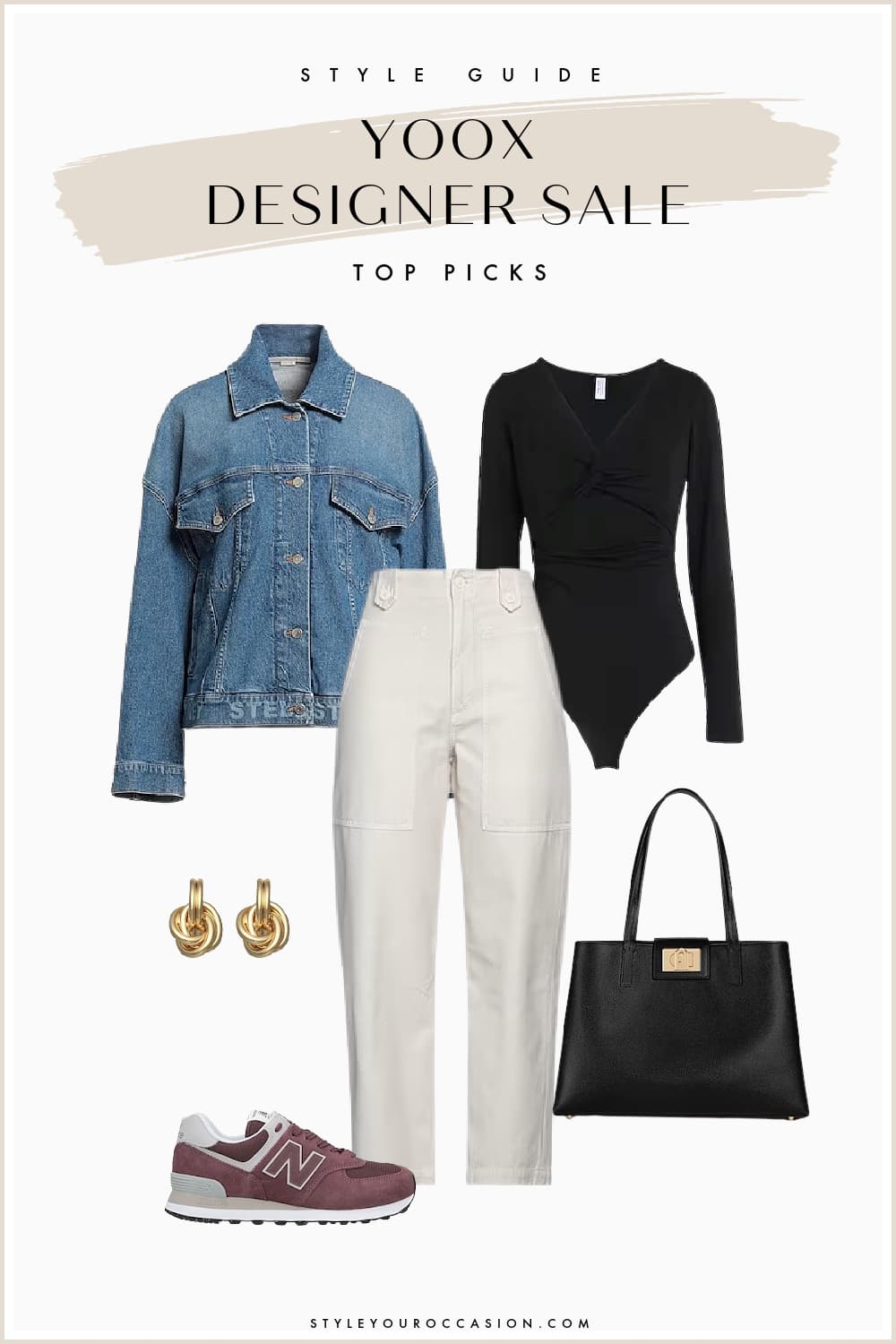 outfit collage for fall with a denim jacket, off-white utility jeans, brown sneakers, black bodysuit, and black leather tote bag