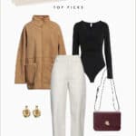 image of an outfit collage with a brown faux shearling jacket, black bodysuit, off-white utility trousers, burgundy New Balance sneakers, gold earrings, and a Burgundy leather box bag