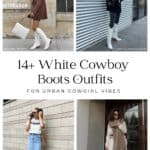 collage of four images of women wearing stylish outfits with white cowgirl boots
