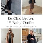 collage of four women wearing stylish brown and black outfits