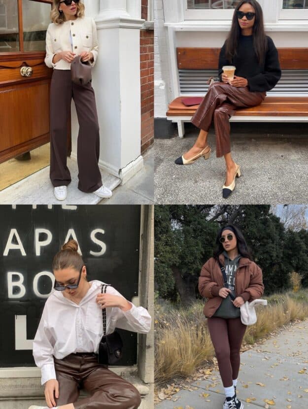 collage of four women wearing stylish outfits with brown pants