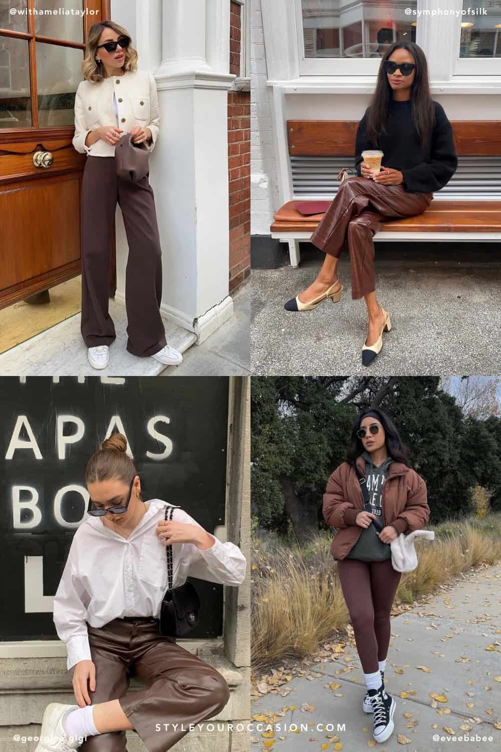 collage of four women wearing stylish outfits with brown pants