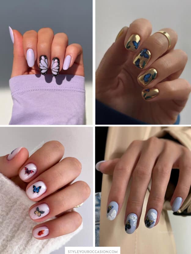 collage of four hands with unique butterfly nail designs