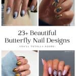 collage of four hands with unique butterfly nail designs