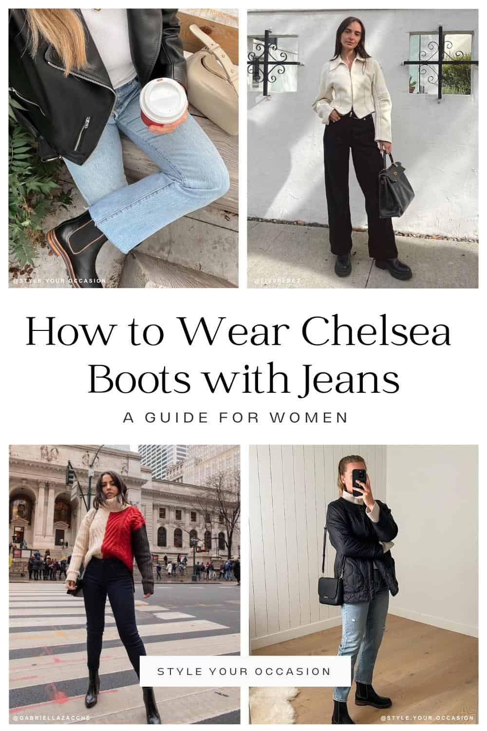 collage of four women wearing stylish outfits that have Chelsea boots and jeans