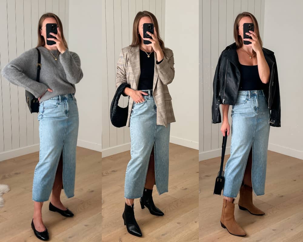 collage of a woman wearing three different outfits with a long denim skirt