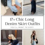 collage of four women wearing stylish long denim skirt outfits