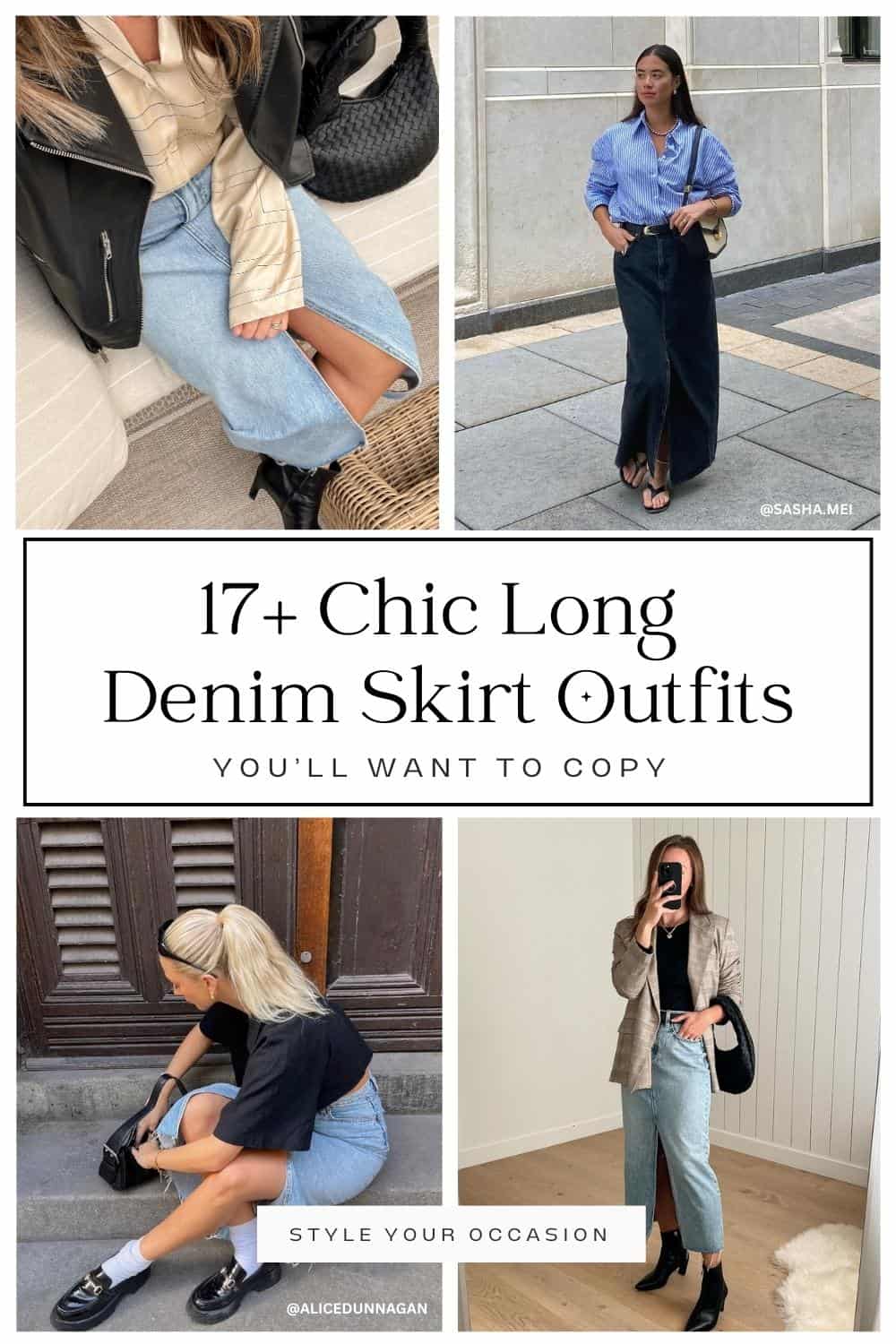 collage of four women wearing stylish long denim skirt outfits