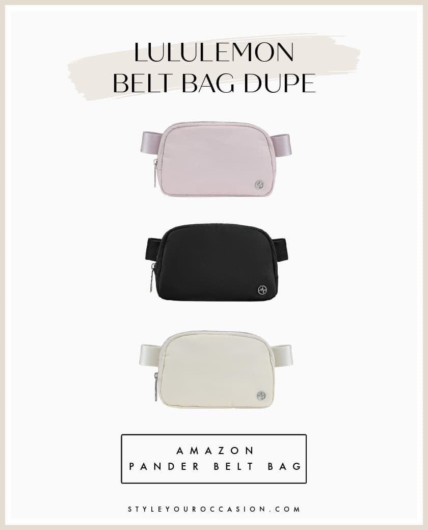 image of three belt bags in light purple, black, and ivory that are dupes of the Lululemon belt bag