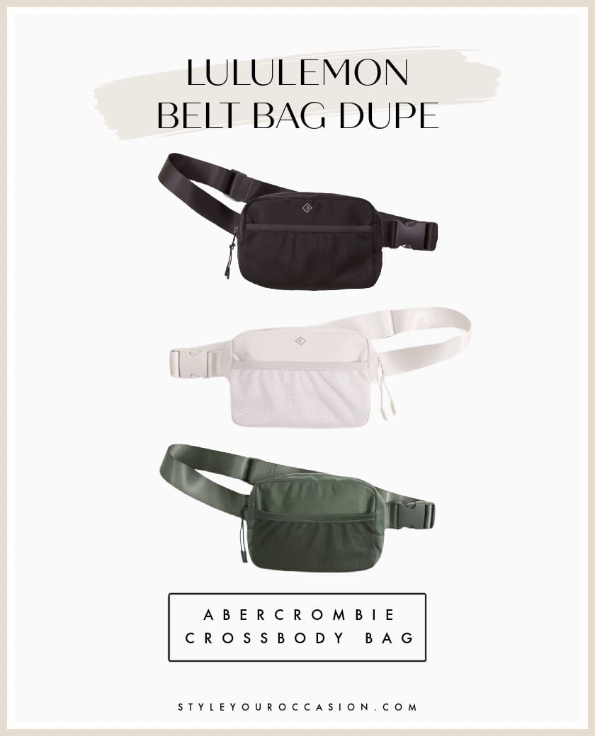 A Lululemon belt bag look-alike in black, white, and green from Abercrombie