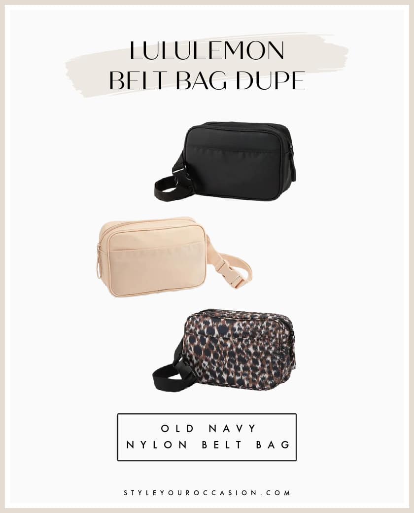 image of three belt bags in black, beige, and leopard that are look-alikes of the Lululemon belt bag
