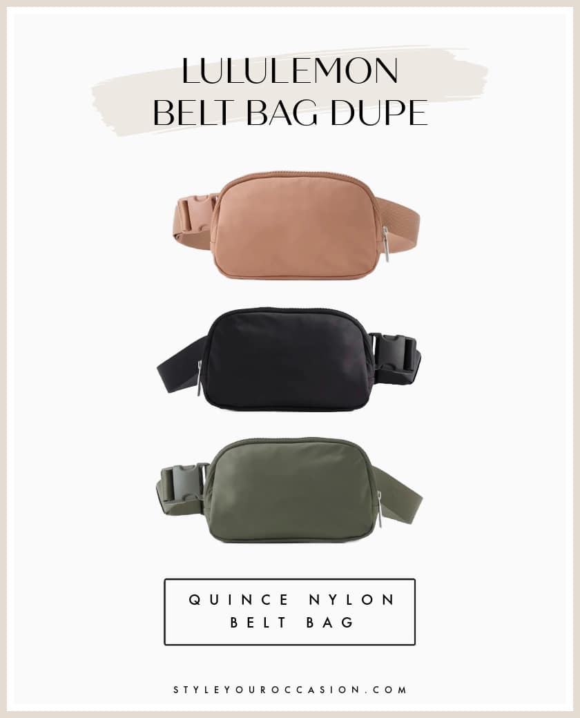 A Lululemon belt bag look-alike in black, brown, and green from Quince