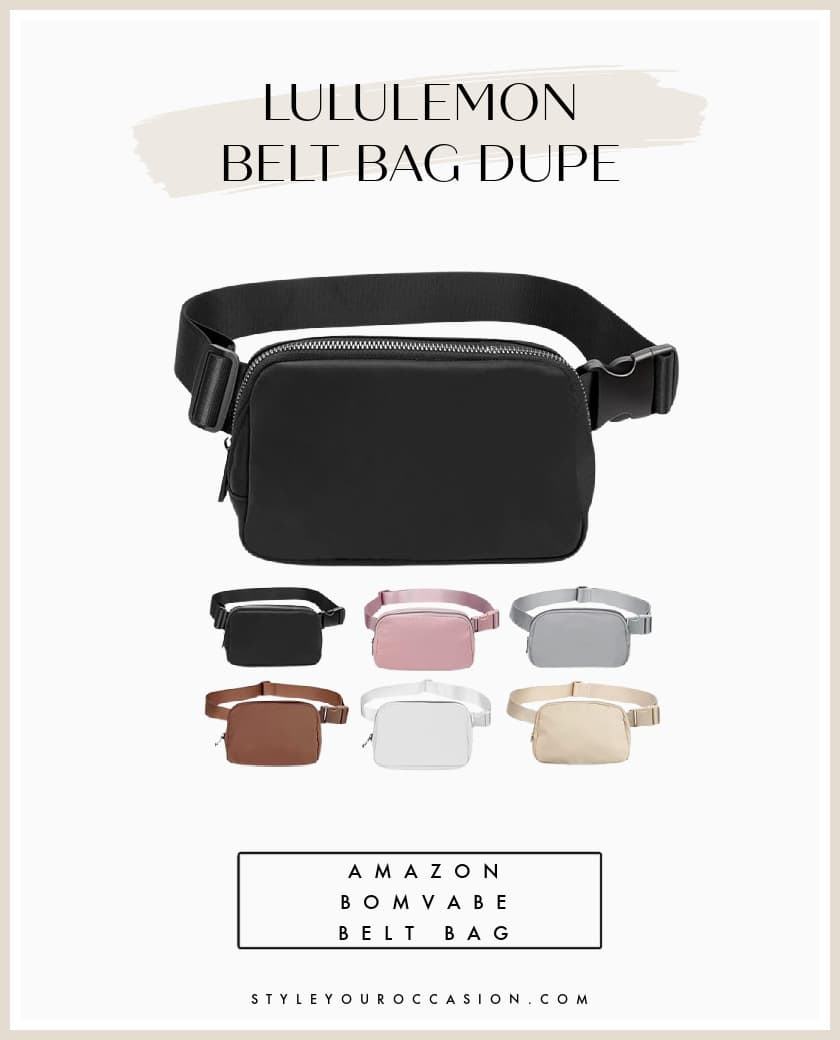 image of several colorful and black belt bags that are dupes of the Lulu belt bag