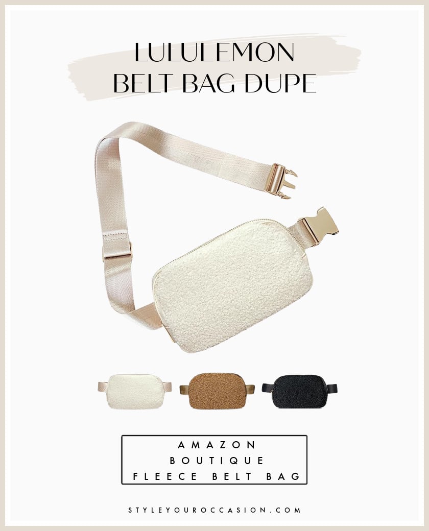 image of an ivory, brown, and black fleece sherpa belt bag thats a Lululemon belt bag dupe
