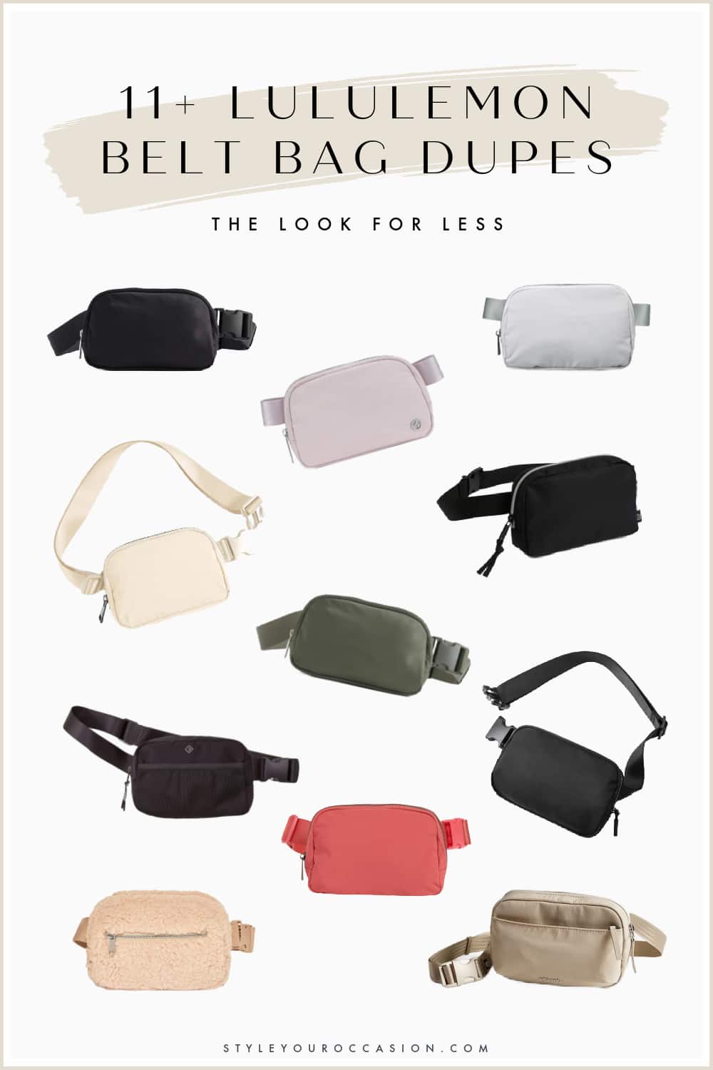 collage of black and colorful belt bags that are dupes of the Lululemon Everywhere belt bag