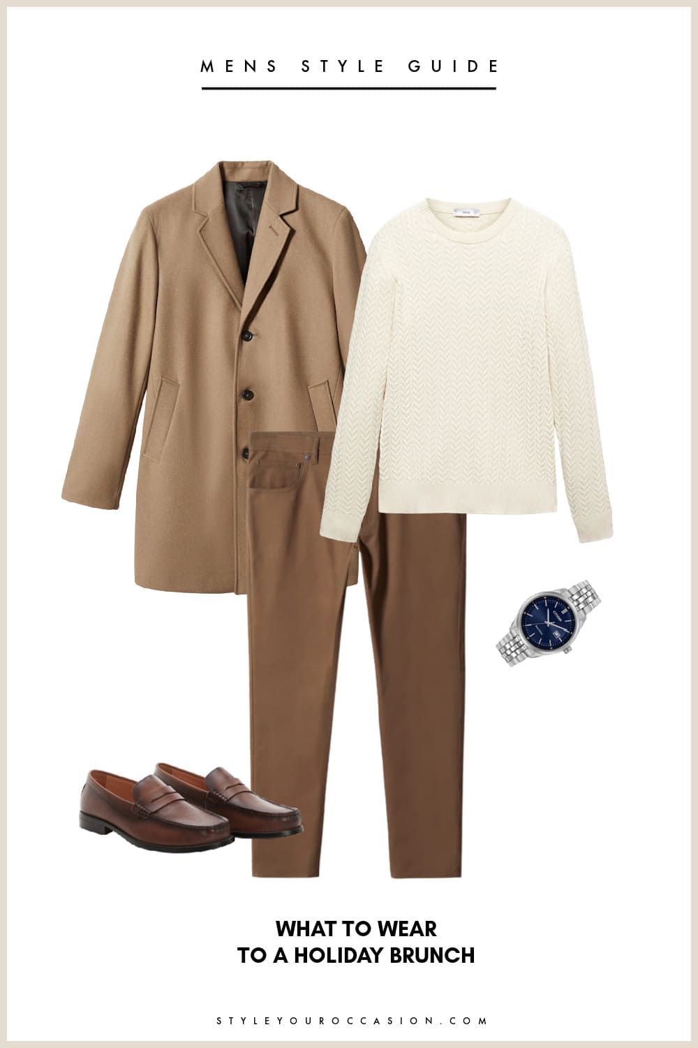 An image board of a mens holiday brunch outfit with brown chinos, an ivory sweater, a tan blazer jacket, brown loafers, and a silver watch