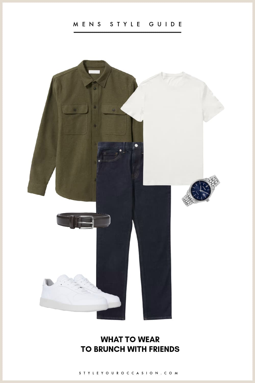 An image board of a mens brunch outfit with dark blue jeans, a white tee, a dark green shacket, white sneakers, a black belt, and a silver watch