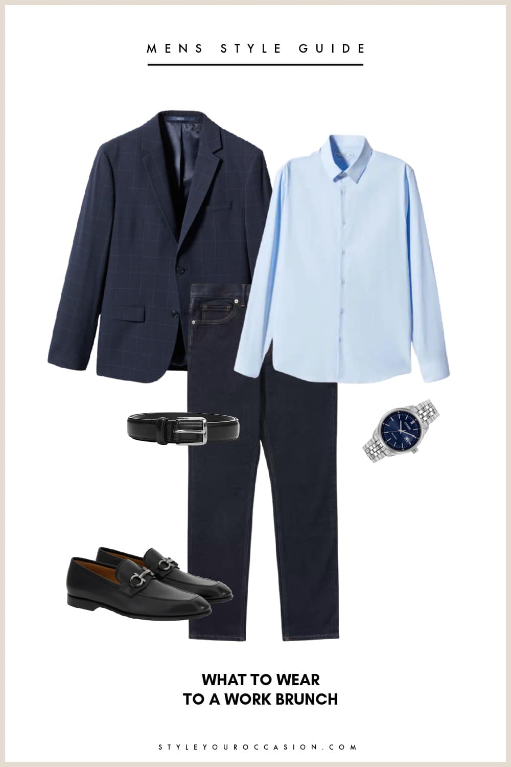 An image board of a men's work brunch outfit with dark blue jeans, a light blue button-up, a dark blue blazer, black loafers, a black belt, and a silver watch