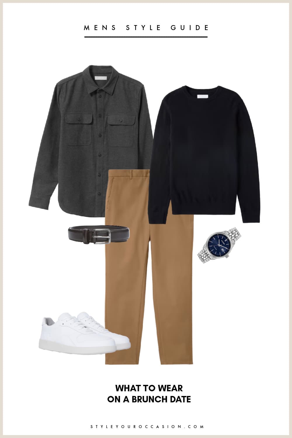 An image board of a mens brunch date outfit with tan chinos, a black sweater, a grey shacket, white sneakers, a black belt, and a silver watch