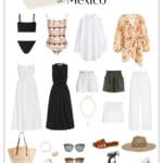 graphic of a Mexico vacation outfit packing list with swimsuits, linen shorts, linen dresses, sandals, a beach bag, and sunglasses