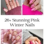 collage of four images with hands with pink winter nail designs