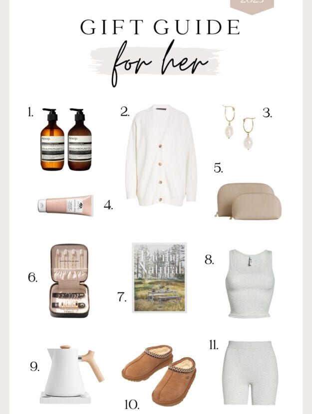 An image board of holiday gift ideas for her, including a cardigan, slippers, earrings, a jewelry case, and more