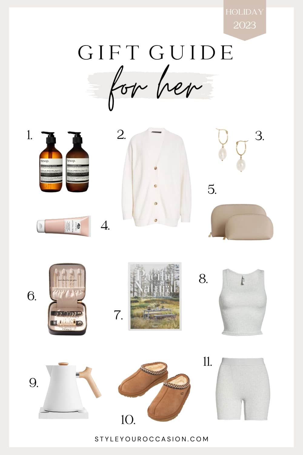 An image board of holiday gift ideas for her, including a cardigan, slippers, earrings, a jewelry case, and more