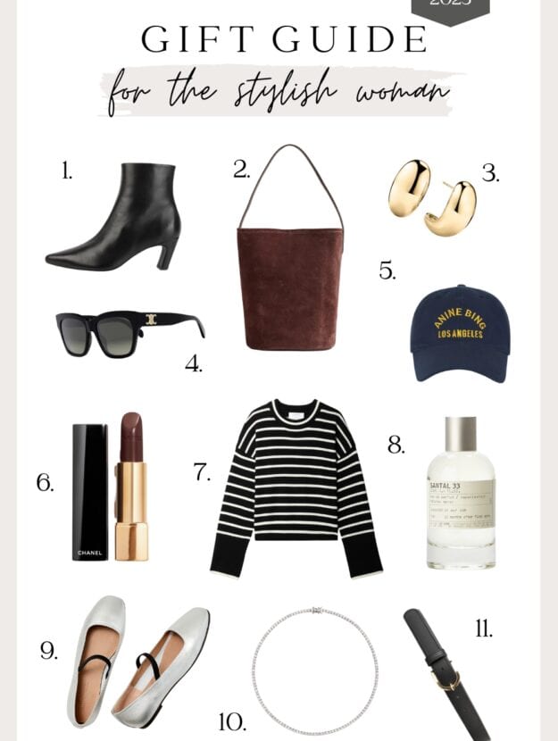 An image board with holiday gift ideas for the stylish woman, including a leather tote, sunglasses, lipstick, jewelry, and more