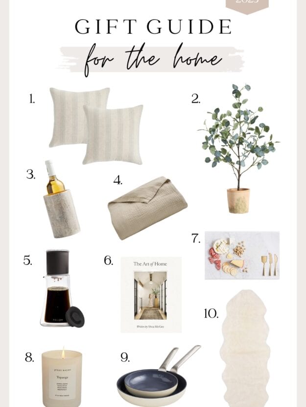 An image board with holiday gift ideas for the home, including pillows, a fake plant, a blanket, cookware, candles, and more