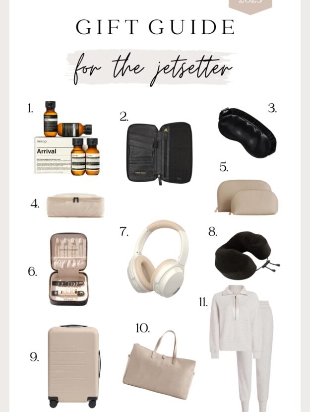 An image board with holiday gift ideas for the jet setter, including a leather travel case set, headphones, a comfy set, luggage, and more