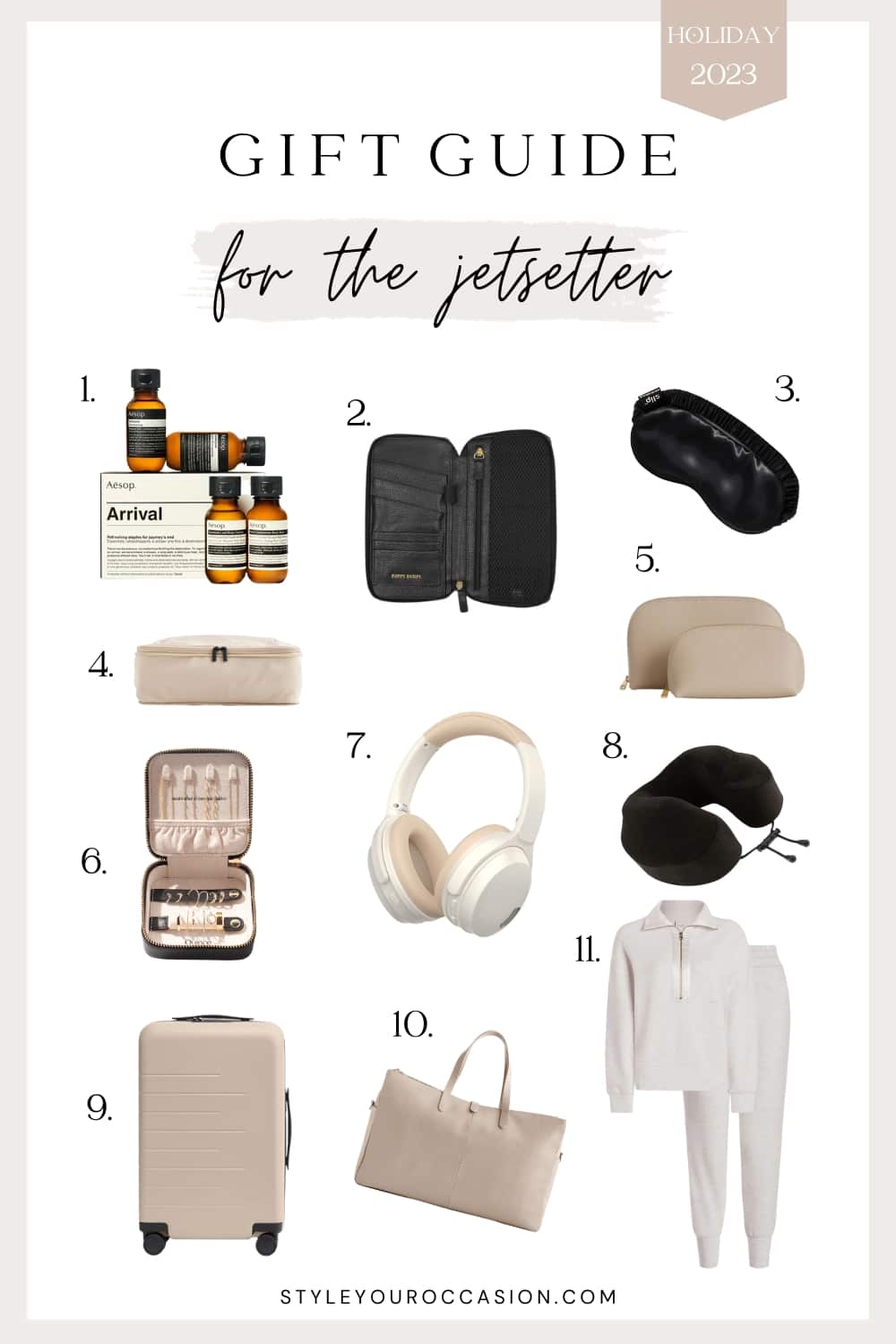 An image board with holiday gift ideas for the jet setter, including a leather travel case set, headphones, a comfy set, luggage, and more