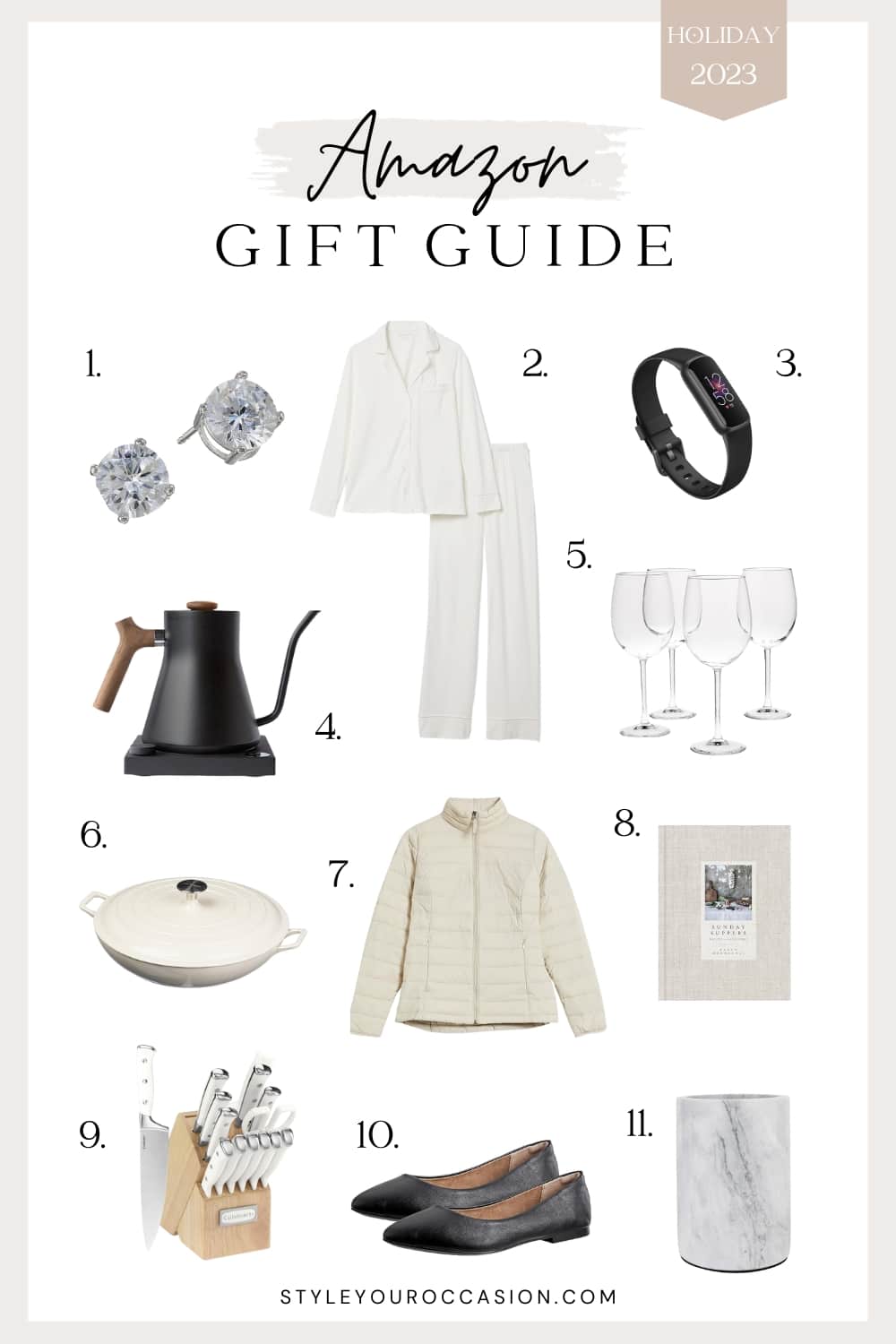 An image board with holiday gift ideas from Amazon, including jewelry, a tea kettle, pajamas, glassware, and more