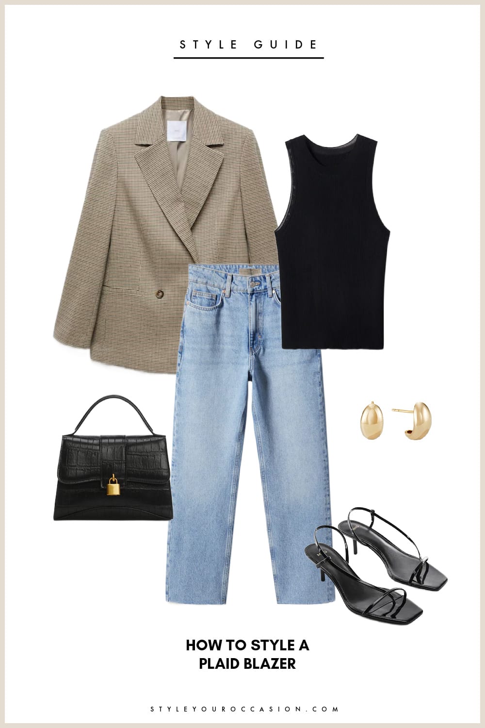 Flat lay graphic of light wash denim straight leg jeans, a black ribbed tank top, a tan plaid blazer, black strappy sandals, a black top handle handbag and gold hoop earrings.