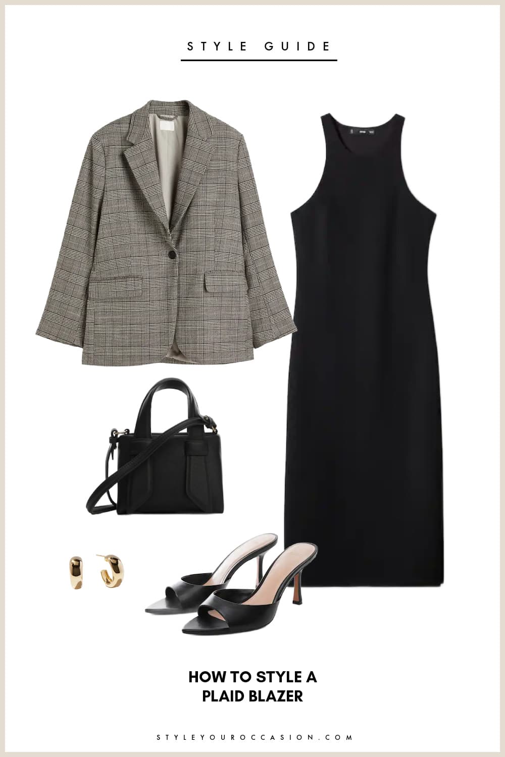 Flat lay graphic of a black midi dress grey plaid blazer, black mule heels, gold hoop earrings and a black crossbody handbag.