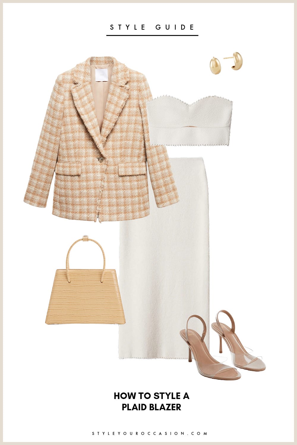 Flat lay clothes graphic with a cream and beige plaid blazer, white strapless crop top, white midi shirt, nude and acrylic heels, gold hoop earrings and a beige top handle hand bag.
