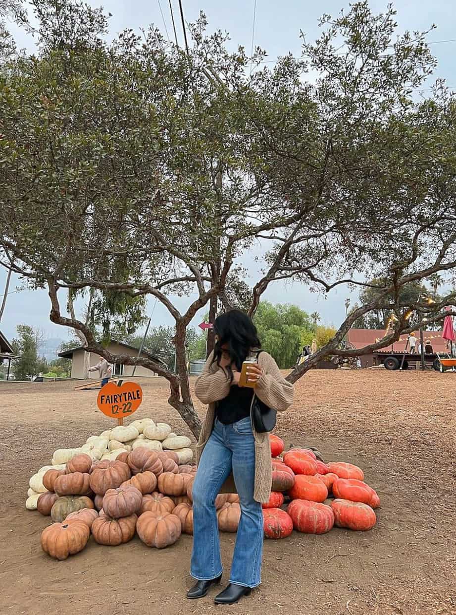 Woman wearing bootcut jeans, a black t-shirt, a tan cardigan and black boots in a pumpkin patch.