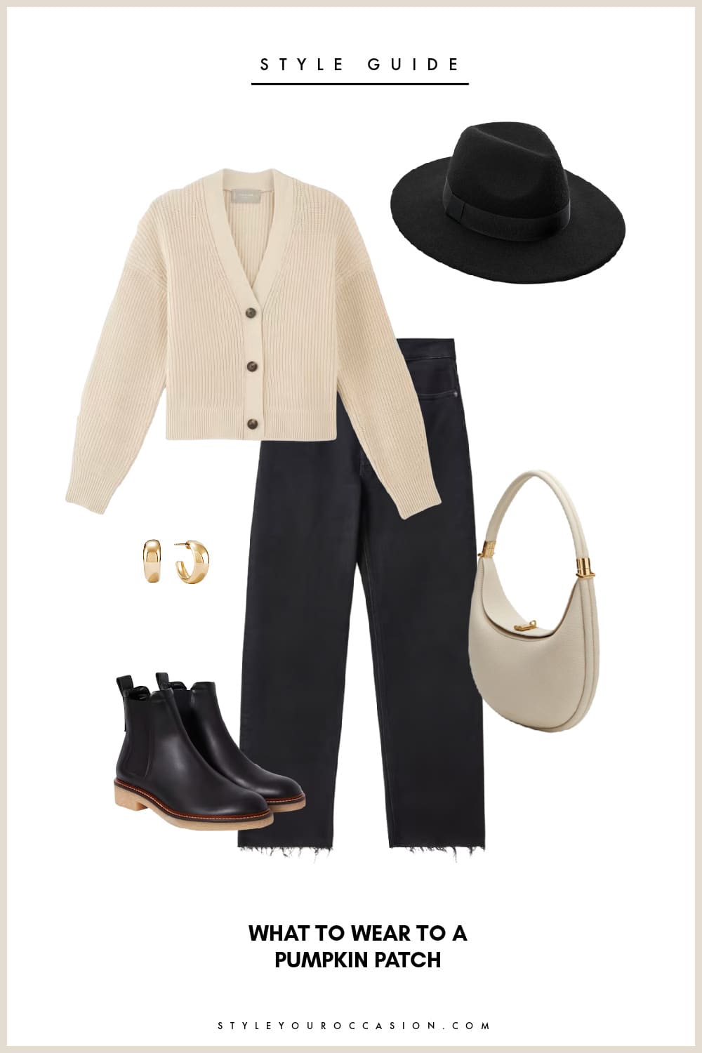 Flat lay graphic of black jeans, black chelsea boots, a cream cardigan, a black hat, gold hoop earrings and a white handbag.