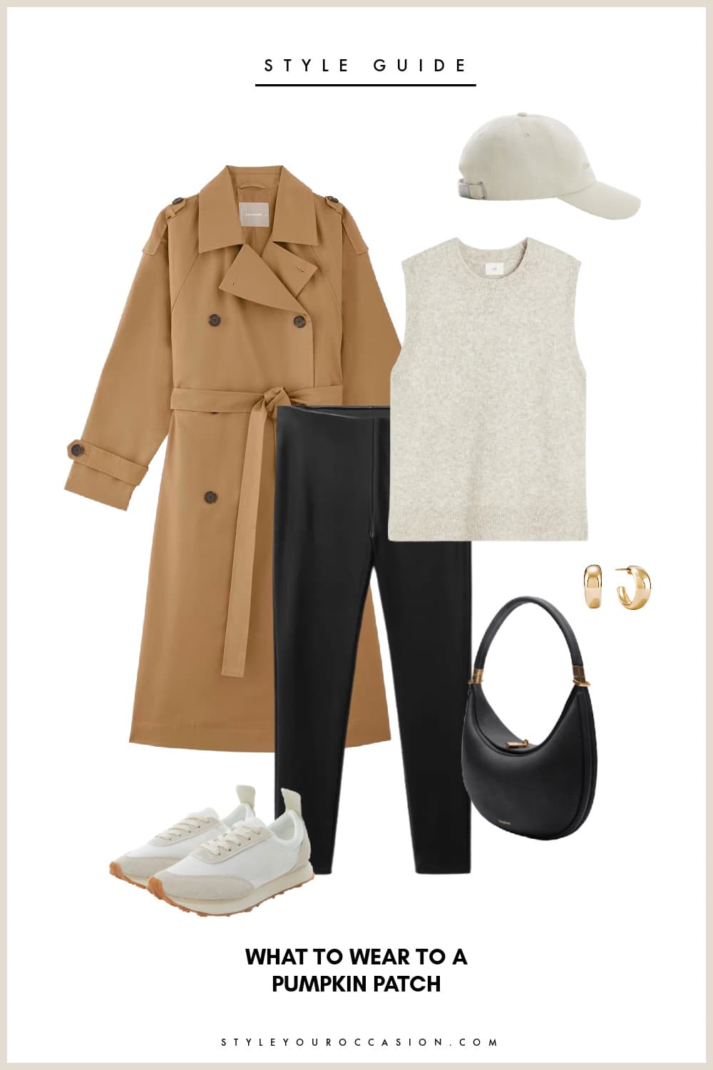 Flat lay graphic of leather leggings, cream tank top, white sneakers, camel colored trench coat, a black handbag, gold hoop earrings and a white baseball cap.
